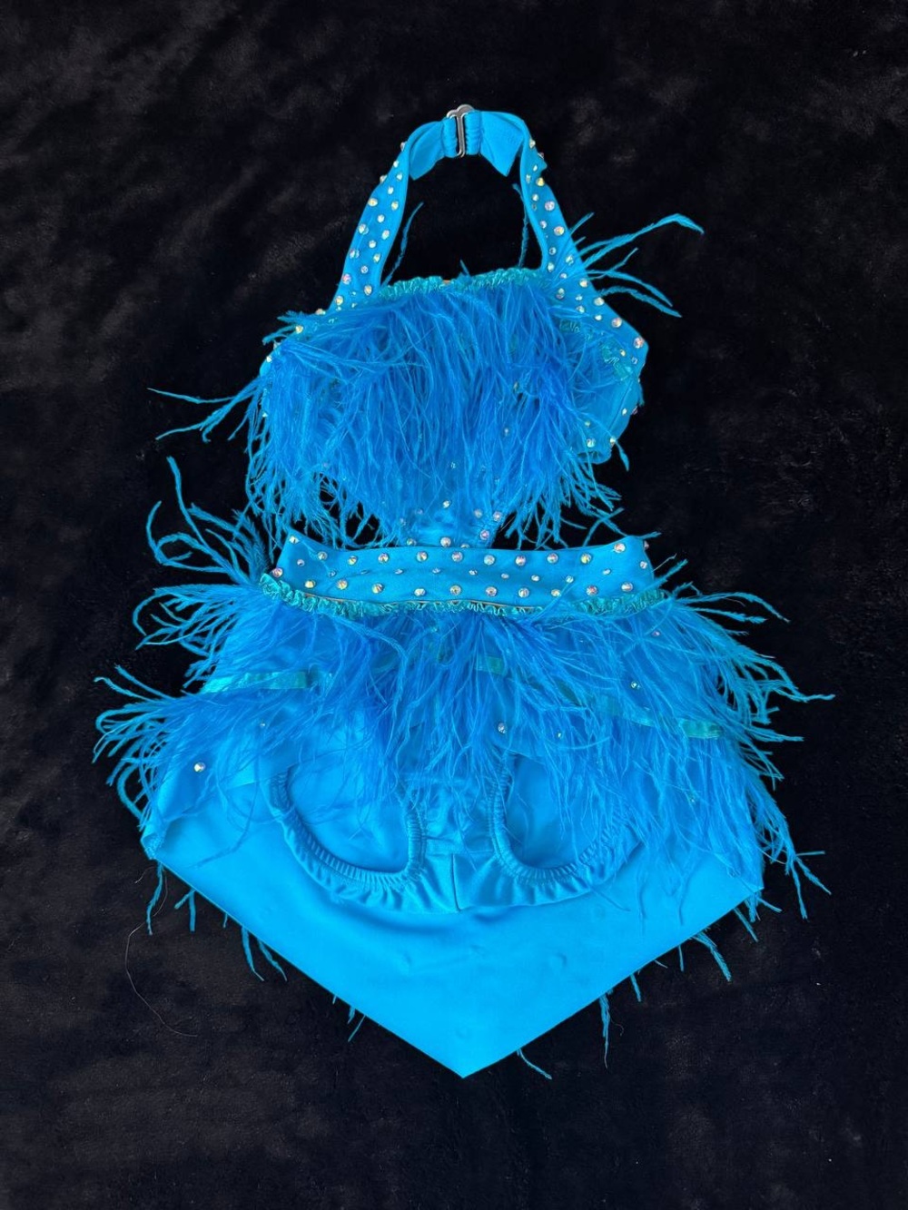 Pumpers Dance Costume Blue Rhinestone Feathers Youth